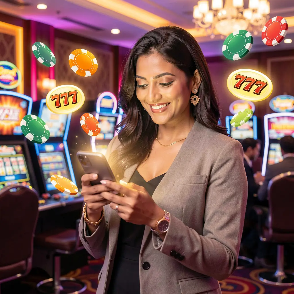 Confident Bangladeshi woman enjoying mobile casino gameplay with glowing poker chips and 777 slot symbols floating around on JYJILL