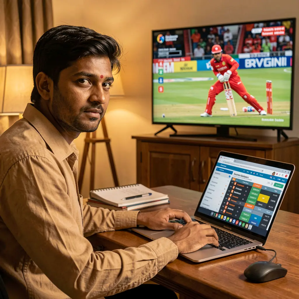 Focused Bangladeshi sports bettor analyzing live cricket odds on a laptop with JYJILL while following a match on TV in a cozy home setting