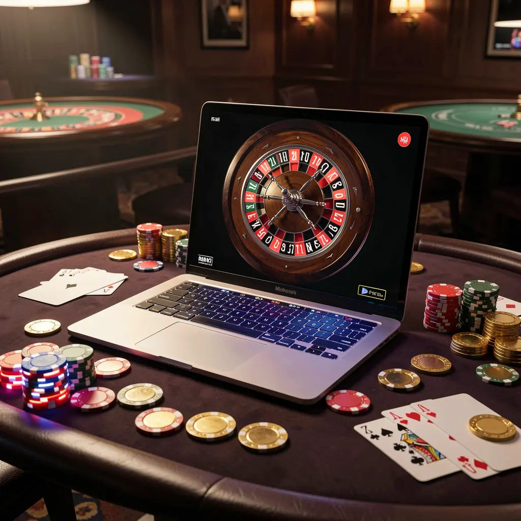 Close-up view of an online roulette wheel on a laptop surrounded by casino chips representing live style gameplay at JYJILL in Bangladesh