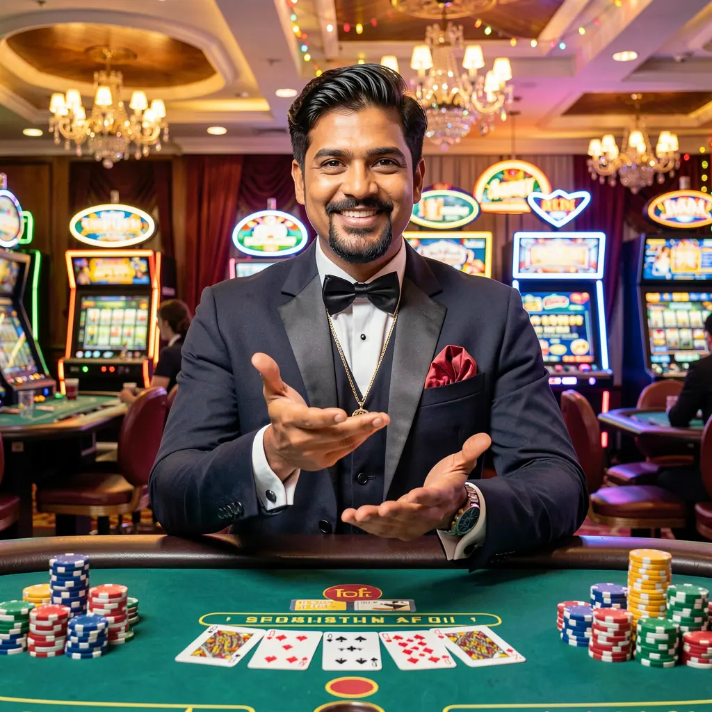 Smiling Bangladeshi casino dealer welcoming players at a vibrant gaming table with cards and chips representing the JYJILL login experience