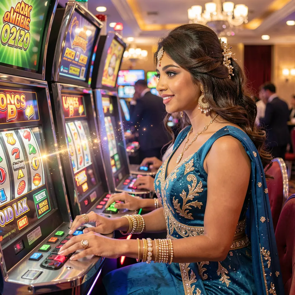 Beautiful woman in a glamorous dress standing in a glowing casino atmosphere with slot machines showcasing the luxury gaming experience at JYJILL for players in Bangladesh
